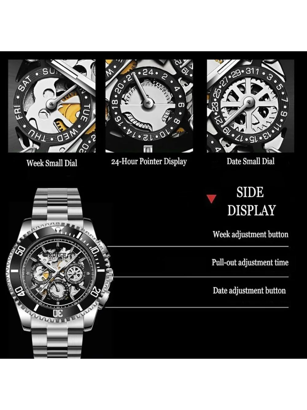 Men's Black Automatic Skeleton 43mm Mechanical Luminous Stainless Steel Watch